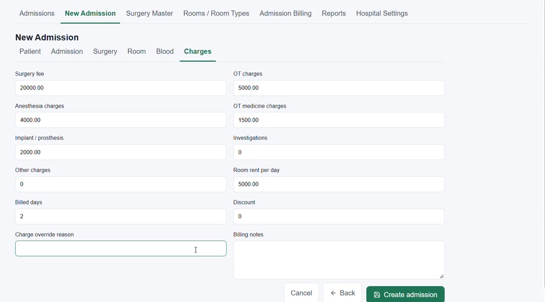 Admission charges before the final bill