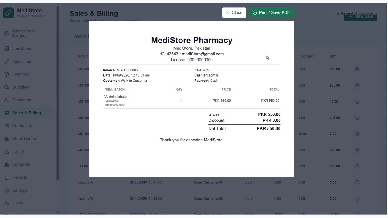Printable customer receipt