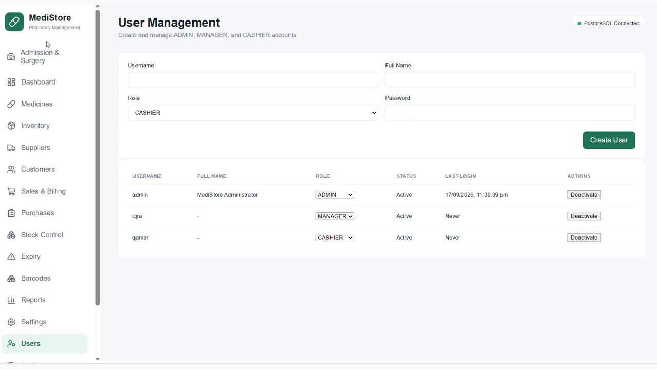 User roles: admin, manager, cashier